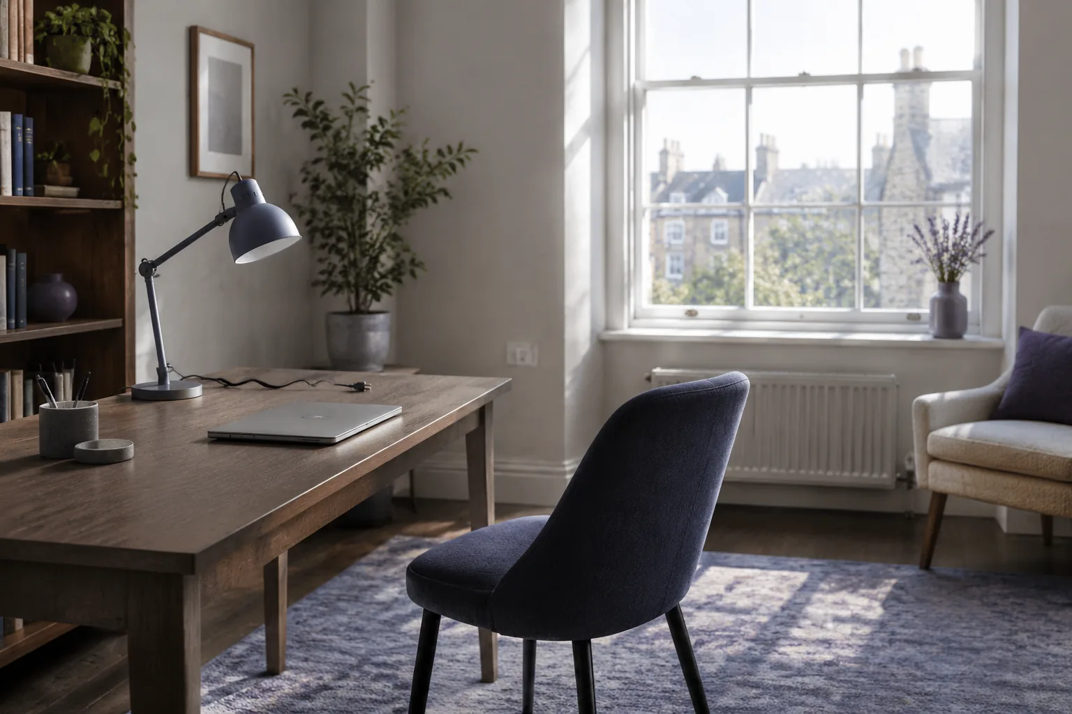 An empty consulting room with a desk and a chair