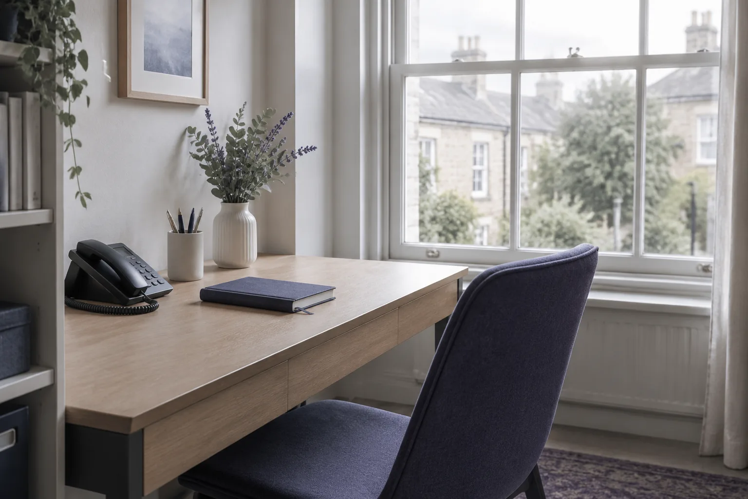 A quiet studio corner with a desk telephone and a chair