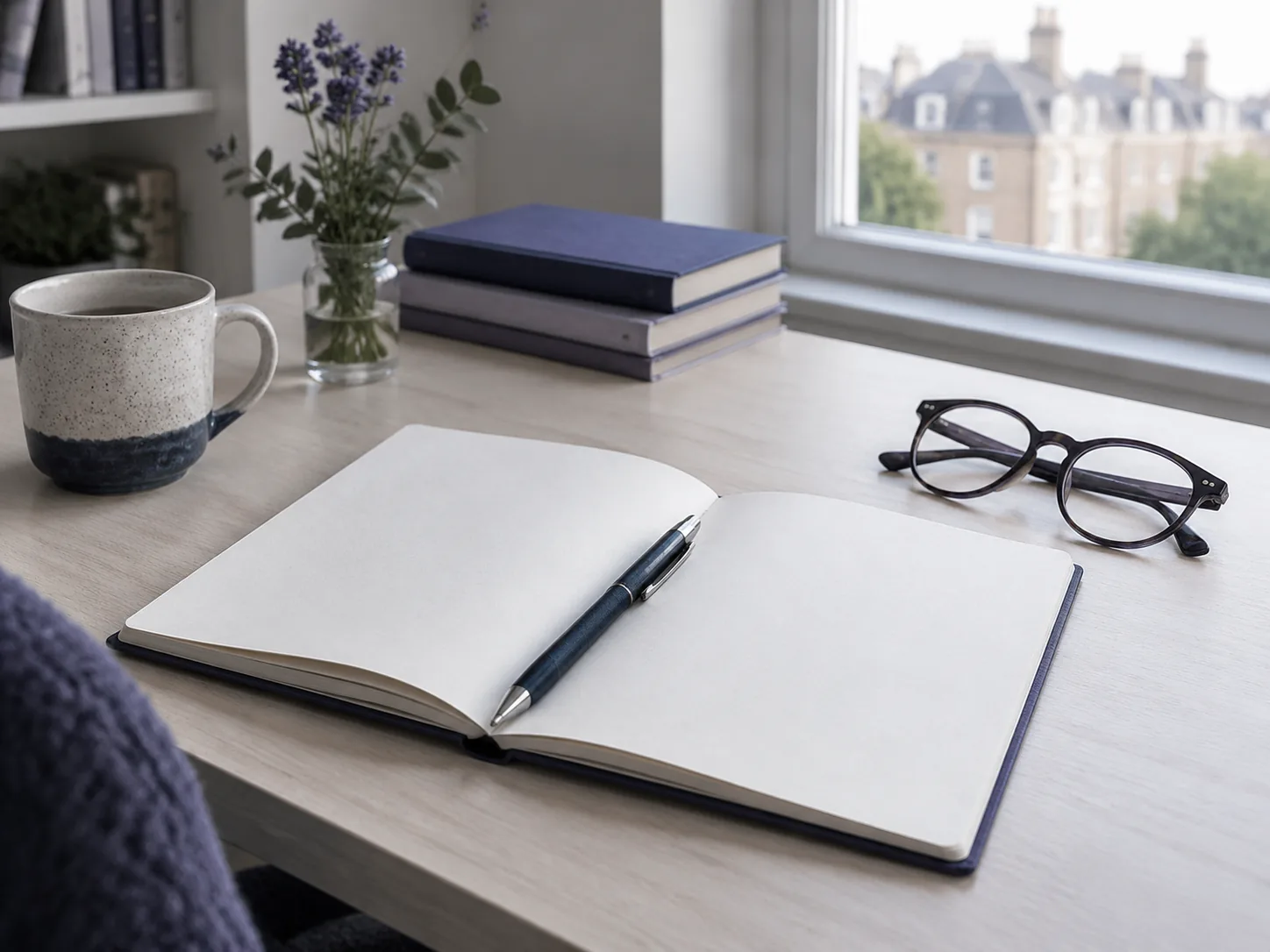 An open notebook with a pen across the spine