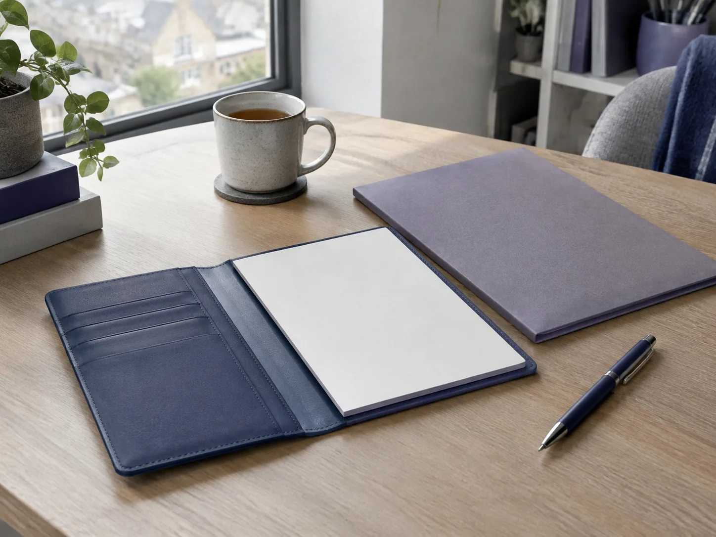 A document wallet open on a desk beside a mug