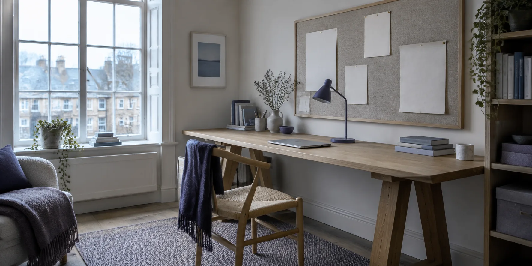 A one-person consulting office with a long desk and a pinboard