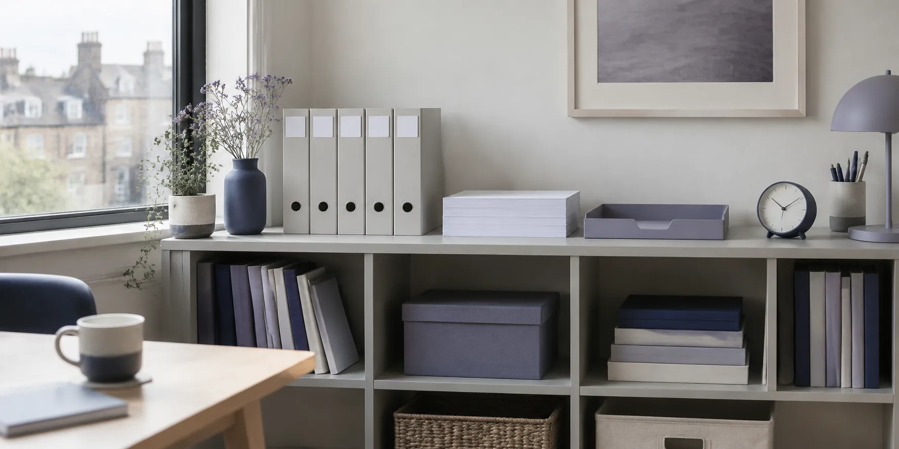 Tidy shelving with plain files in a small studio