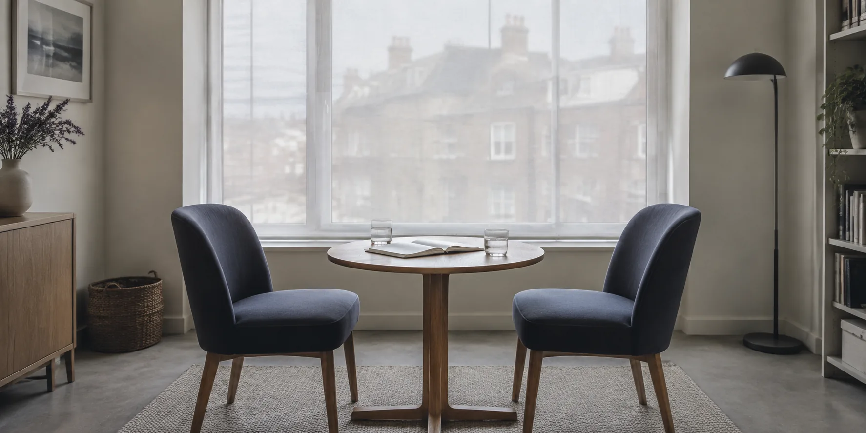 A small meeting corner with two chairs and an open notebook