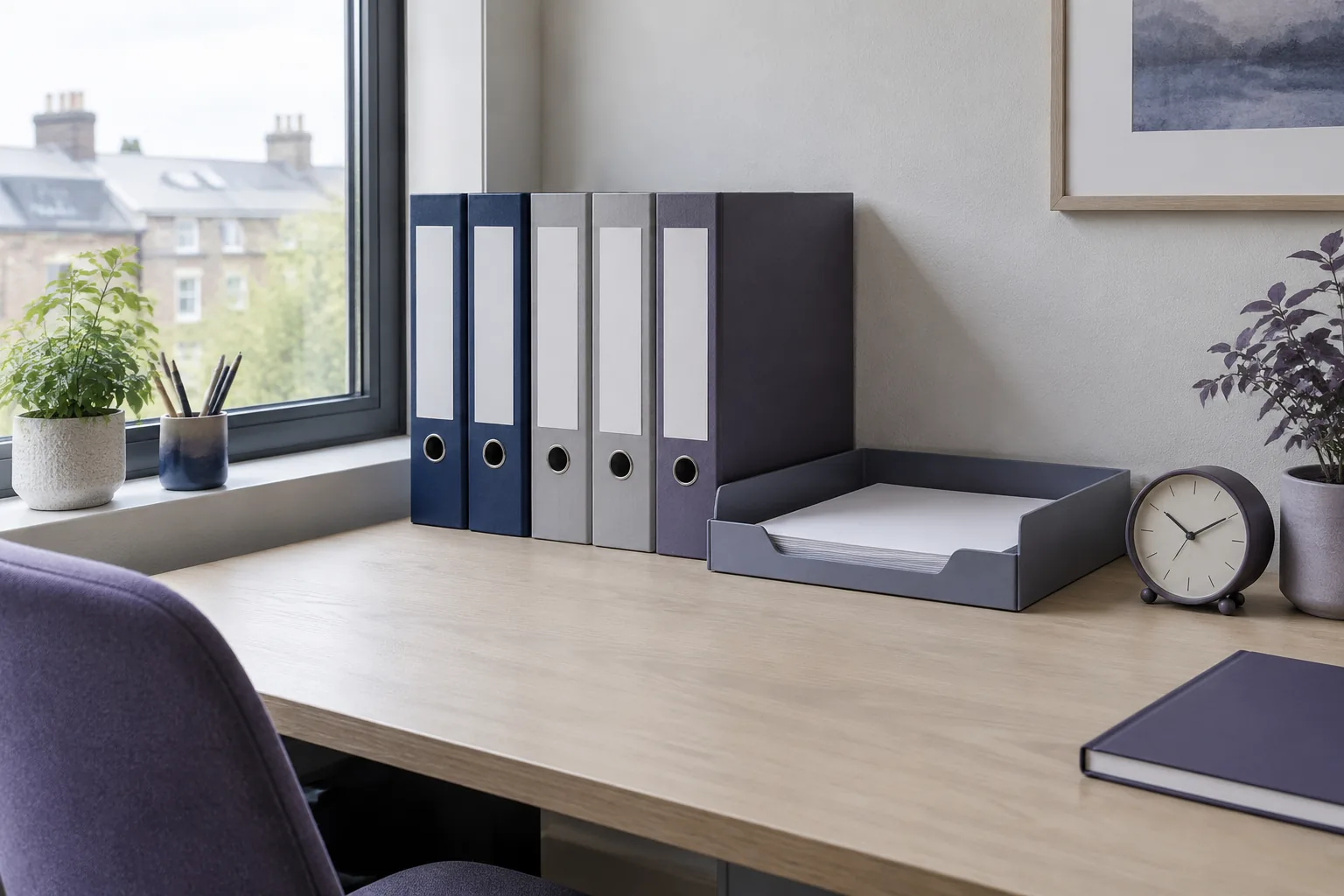 Lever arch files with blank spines in a row