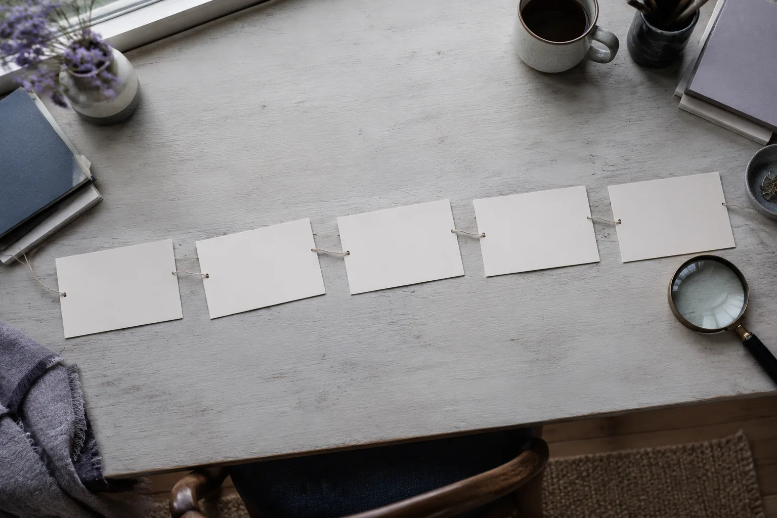 Blank cards joined by string on a table